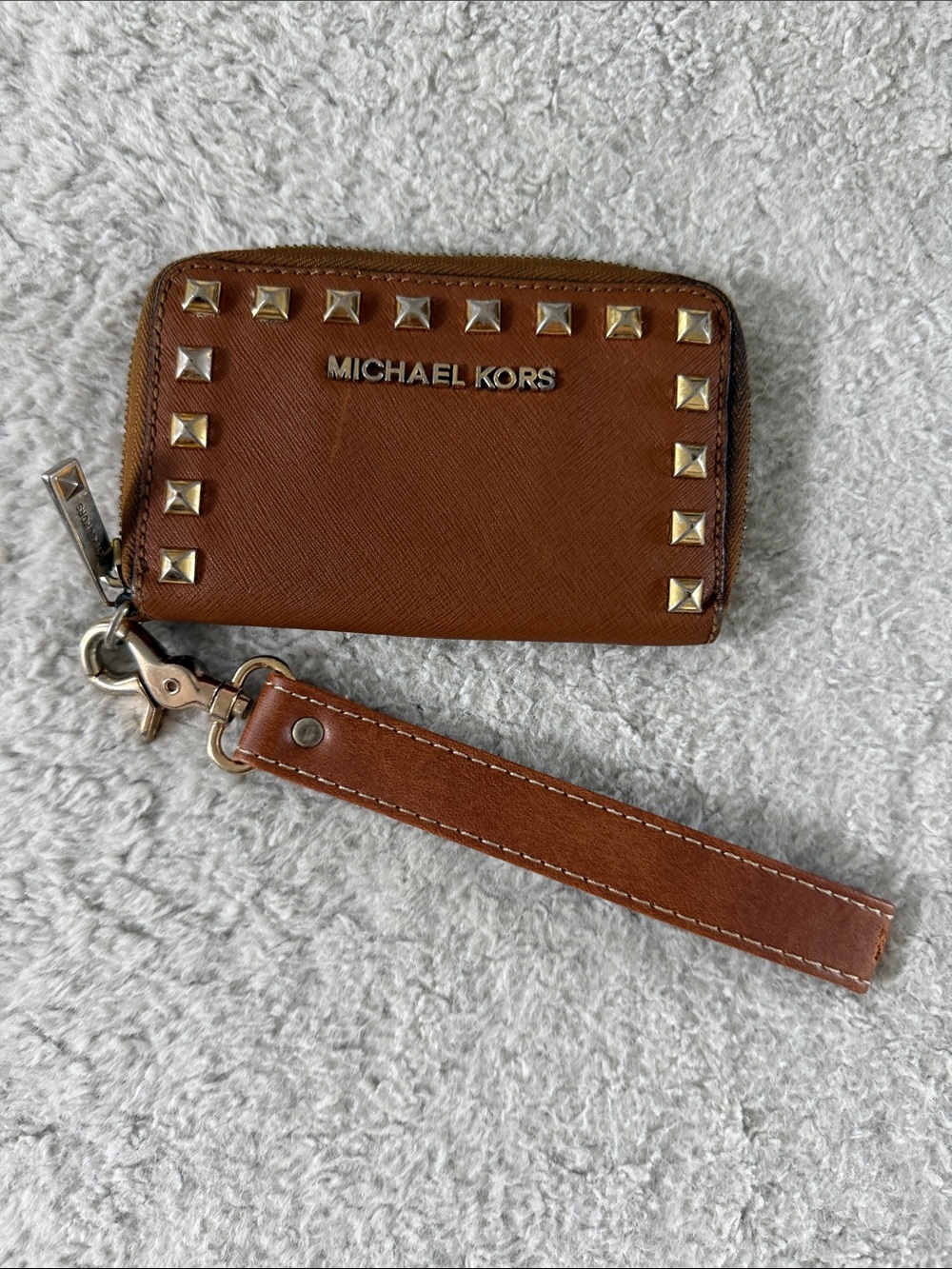 Michael Kors Brown Leather Studded Wristlet Wallet
